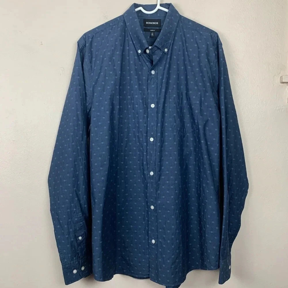 Bonobos Blue Button Down Shirt Dot 2X Career Dress Shirt Printed Long Sleeve